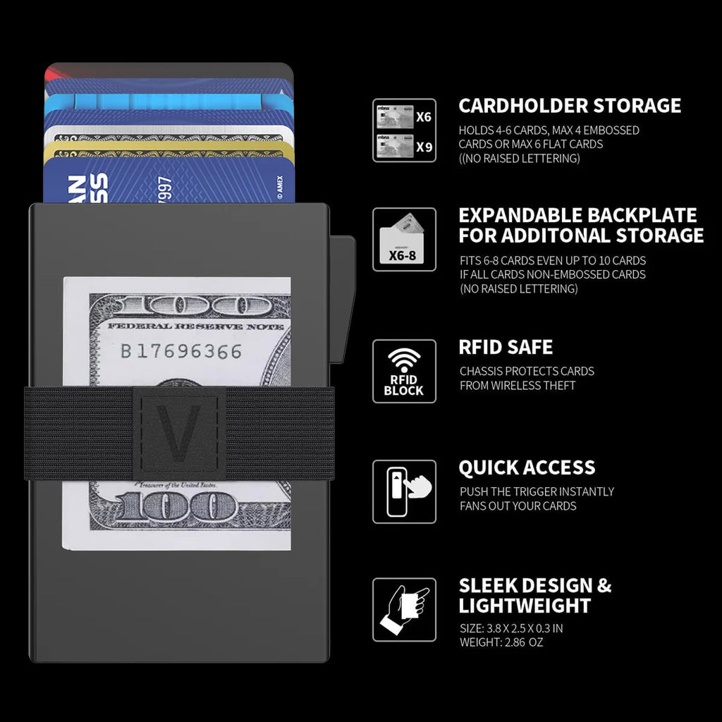 Slim Alu Card Holder for Men, Durable Expandable Backplate, RFID Blocking Minimalist Metal Pop Up Wallet, Holds 14+ Cards & Cash