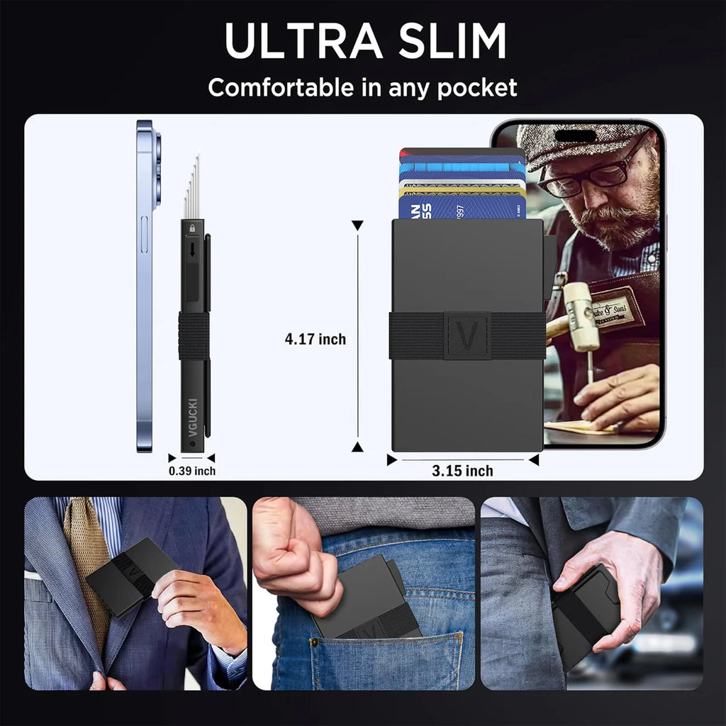 Slim Alu Card Holder for Men, Durable Expandable Backplate, RFID Blocking Minimalist Metal Pop Up Wallet, Holds 14+ Cards & Cash