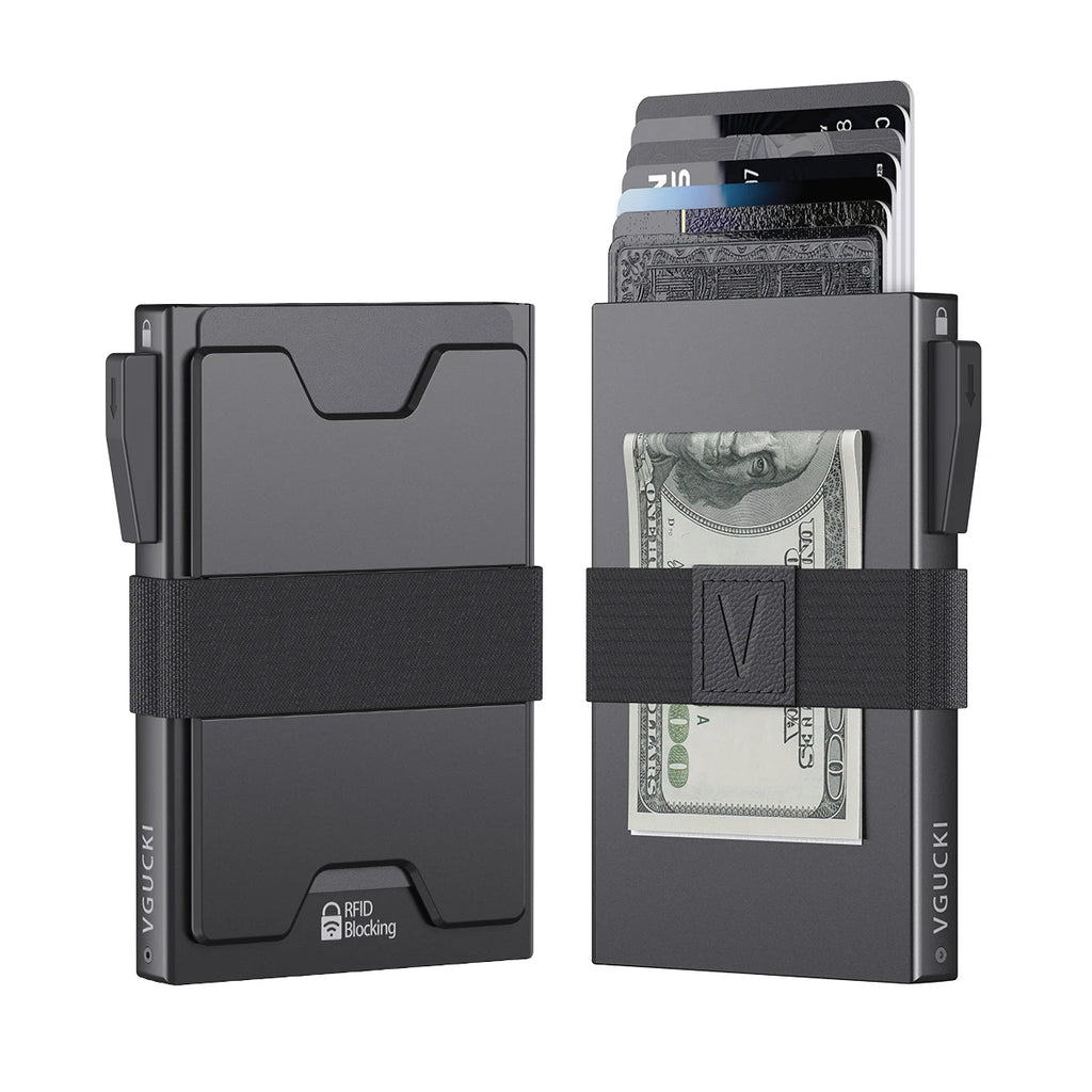 Slim Alu Card Holder for Men, Durable Expandable Backplate, RFID Blocking Minimalist Metal Pop Up Wallet, Holds 14+ Cards & Cash