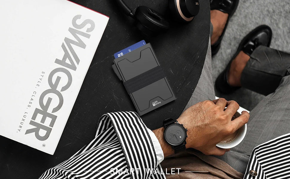 Slim Alu Card Holder for Men, Durable Expandable Backplate, RFID Blocking Minimalist Metal Pop Up Wallet, Holds 14+ Cards & Cash