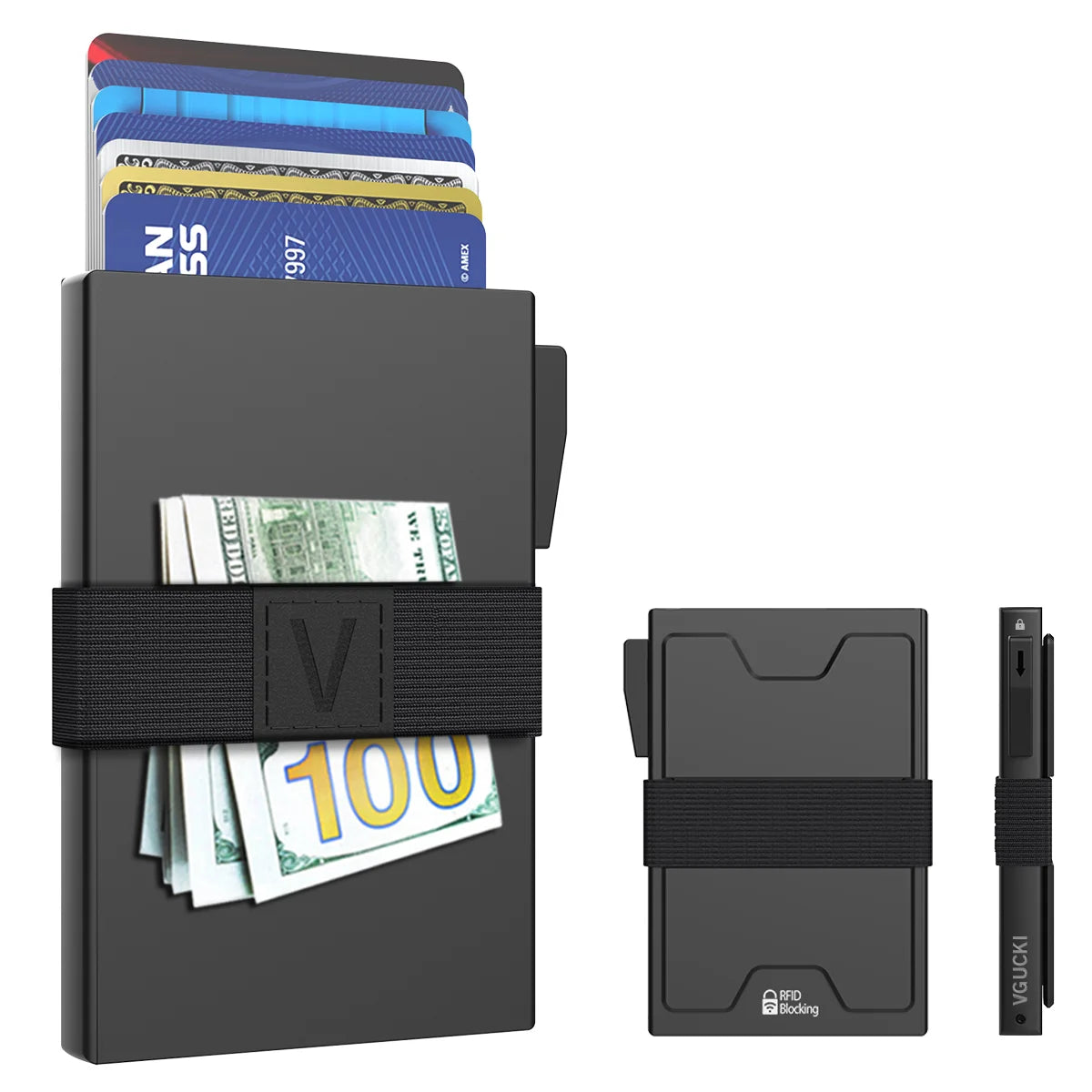 Slim Alu Card Holder for Men, Durable Expandable Backplate, RFID Blocking Minimalist Metal Pop Up Wallet, Holds 14+ Cards & Cash