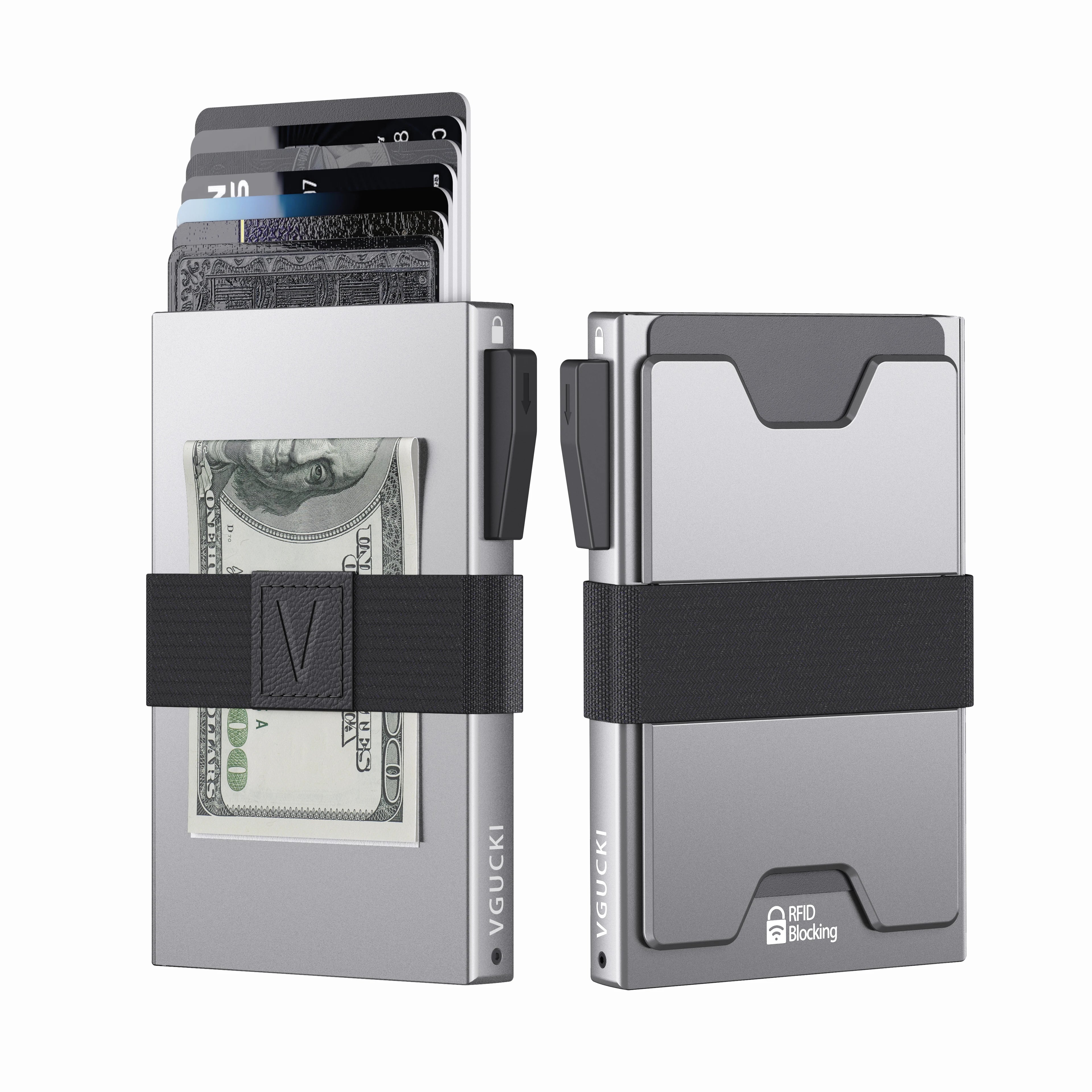 Slim Alu Card Holder for Men, Durable Expandable Backplate, RFID Blocking Minimalist Metal Pop Up Wallet, Holds 14+ Cards & Cash
